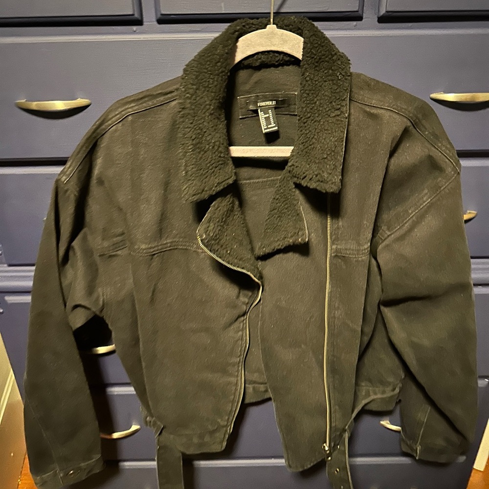 Forever 21 Black Bomber Jacket with Shearling Collar